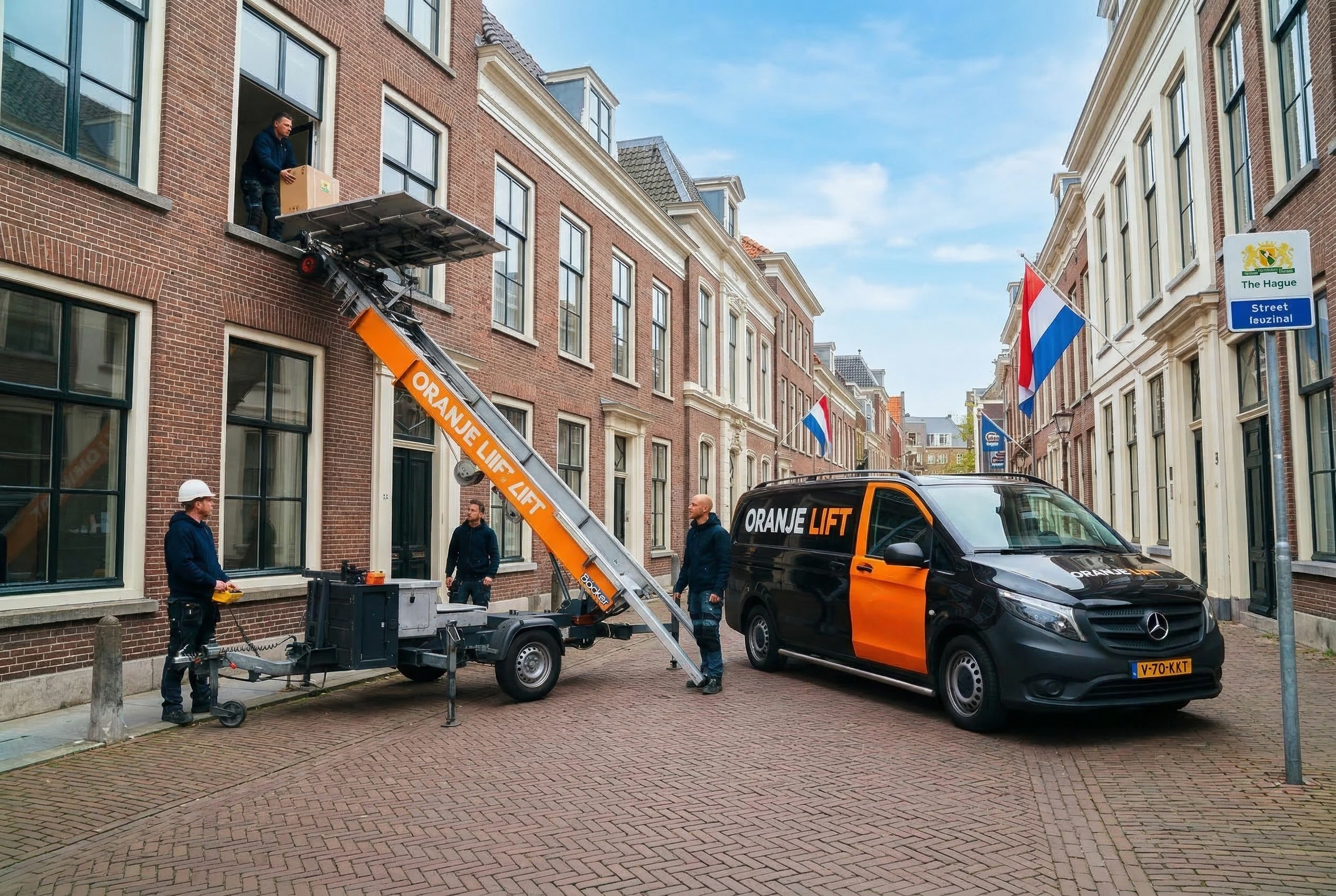 Aanhangerlift bij grachtenpand in de Jordaan Amsterdam